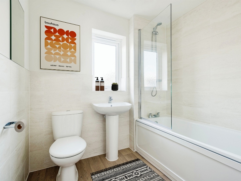 The bathroom image shown is a CGI dressed representation, taken in an actual 2 bed house at Cross Trees Park