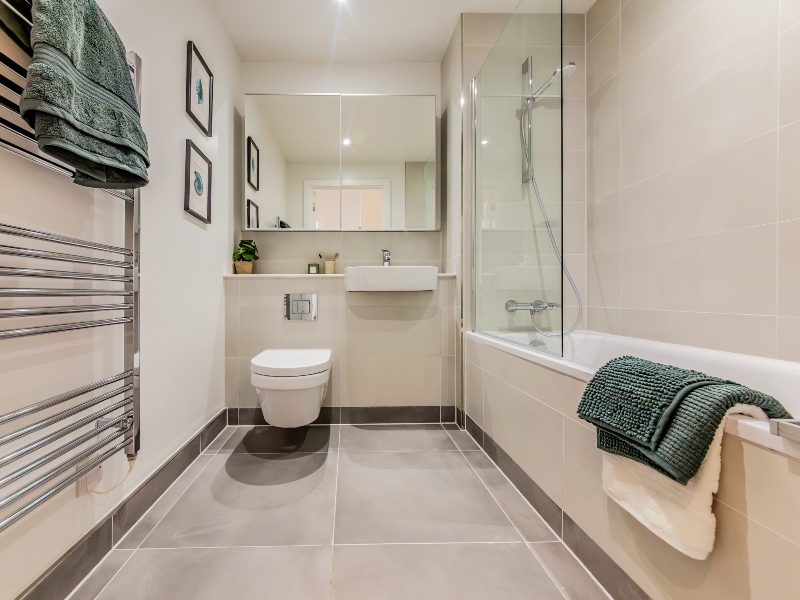 Interior photo of the bathroom taken in the 2 Bed Show Apartment, Plot A1.06, The moorings