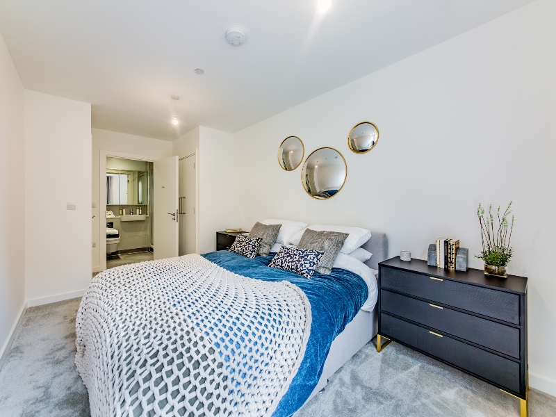 Interior photo of the main bedroom taken in the 2 Bed Show Apartment, Plot A1.06, The moorings