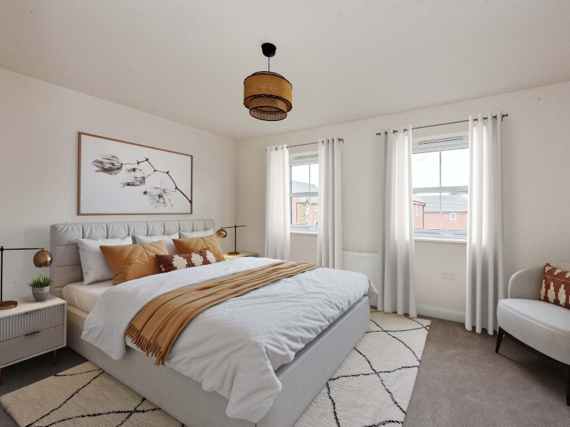 The bedroom image is a CGI dressed representation taken in the actual Plot 87, a three bedroom house at Old Stowmarket Road, Woolpit