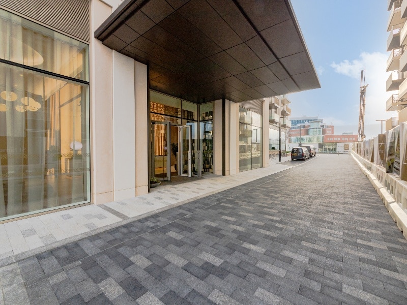 Photograph of the concierge entrance at The Acer Apartments in White City, London.