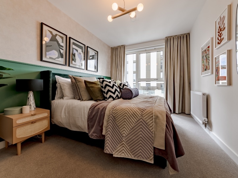 Photograph of plot 1309's bedroom, which is a one bed apartment at The Acer Apartments in White City, London.