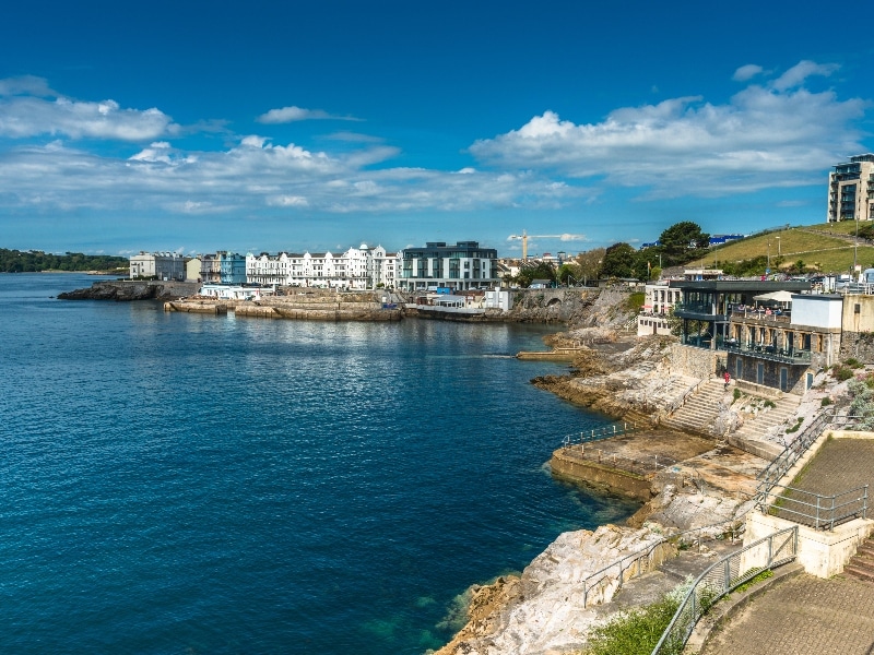 Exterior photo of the coastline and buildings on Plymouth Hoe, Plymouth.
