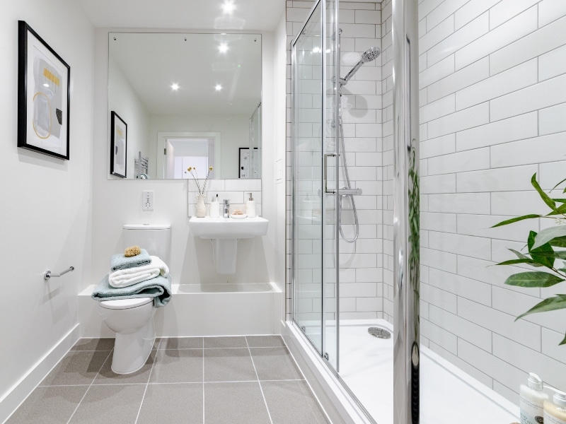 Photograph of plot 1502's bathroom, which is a studio apartment at The Acer Apartments in White City, London.