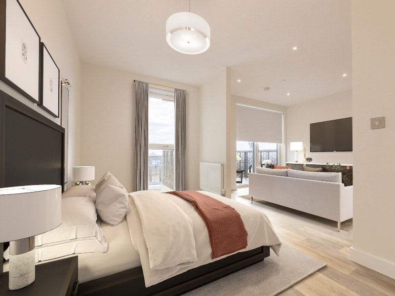 Photograph of plot 1311's living space with a view of the balcony, which is a studio apartment at The Acer Apartments in White City, London.