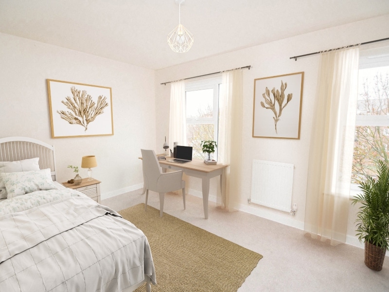 The photo of the second floor bedroom shown is a CGI representation taken in an actual 4 bed House at Lakeside Boulevard