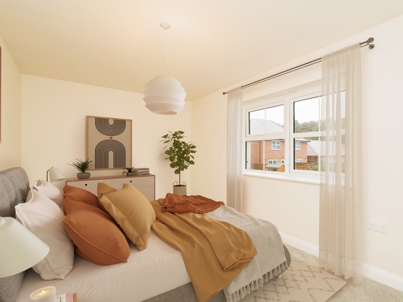 The bedroom image shown is a CGI representation of an actual Shared Ownership house at The Ostlers.