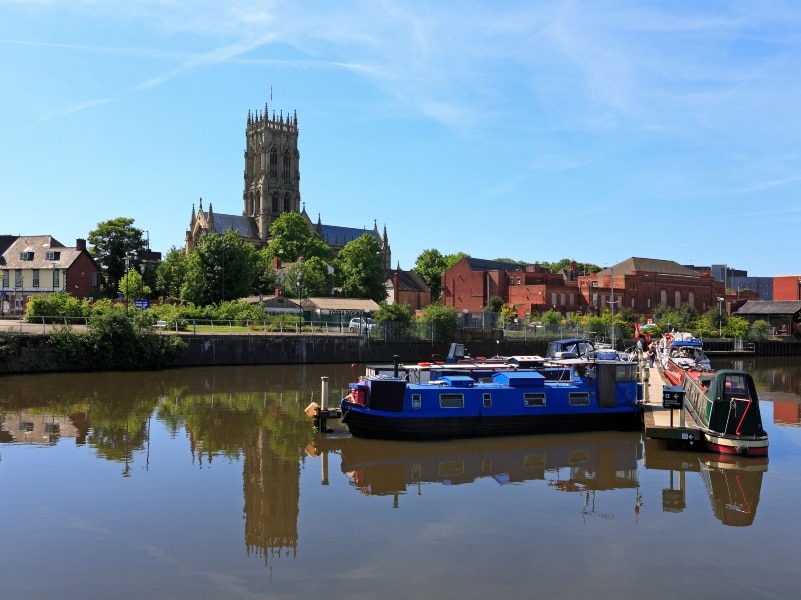 Minster Church of Saint George, Doncaster, across the River Don basin waterfront