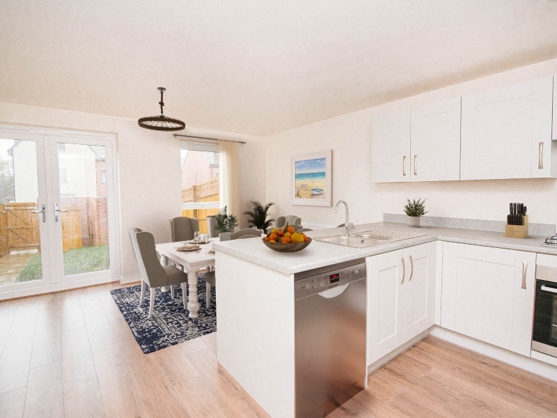 The photo of the kitchen - dining area shown is a CGI representation taken in an actual 4 bed House at Lakeside Boulevard, Doncaster, Shared ownership houses