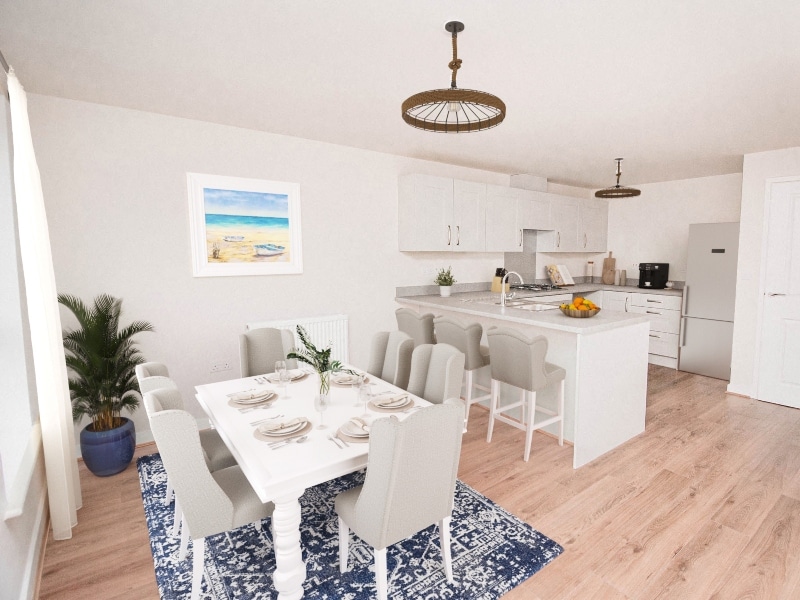 The photo of the kitchen - dining area shown is a CGI representation taken in an actual 4 bed House at Lakeside Boulevard
