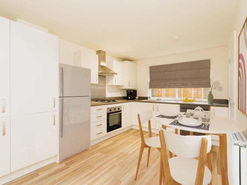 The kitchen-diner image shown is a CGI representation of an actual Shared Ownership house at The Ostlers.