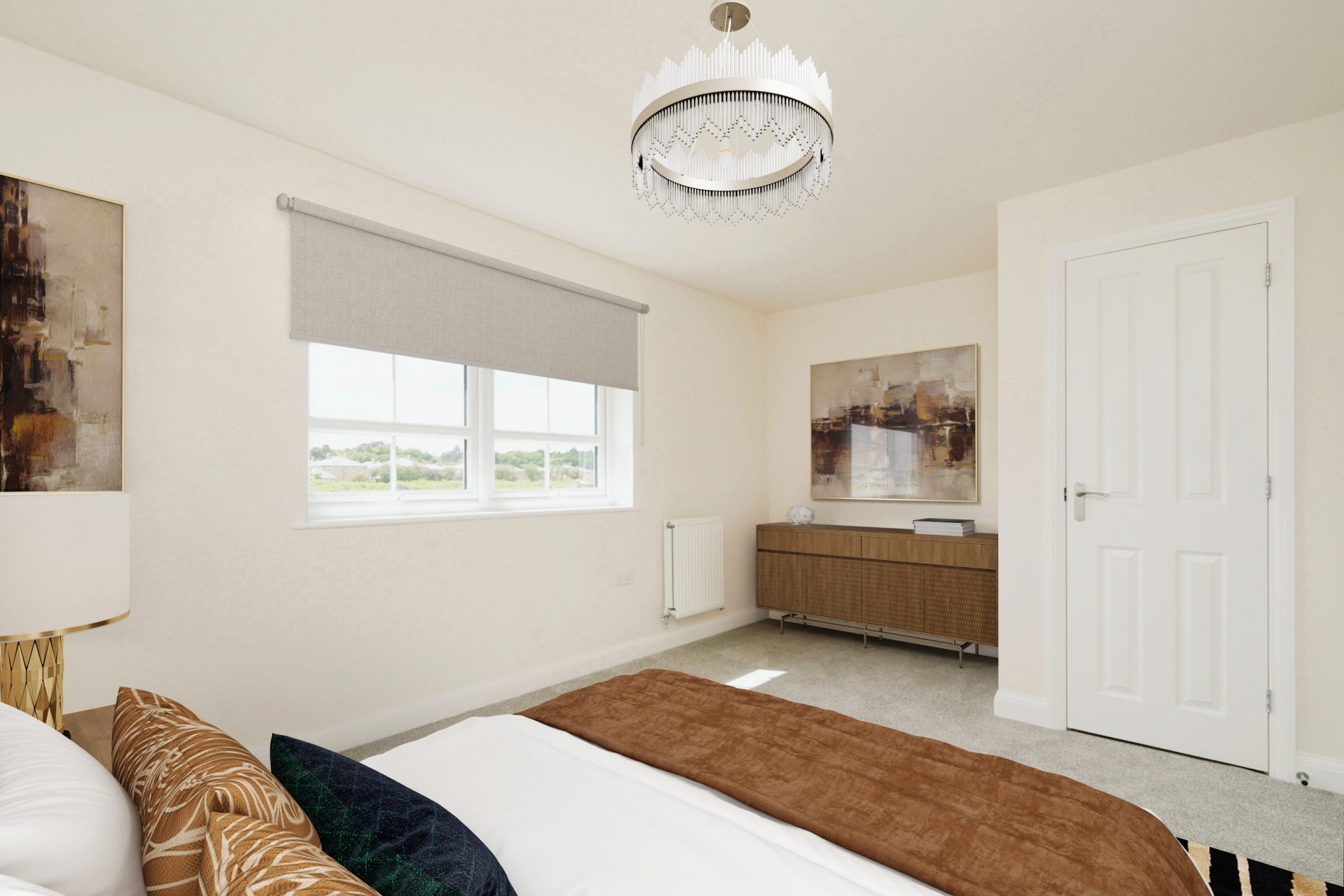 CGI dressed master bedroom at The Ostlers