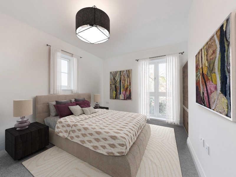 Image is a CGI representation of a bedroom in the actual Plot 22, One Bed Shared Ownership Apartment at Woodside Grove, Bagshot, from Legal & General Affordable Homes