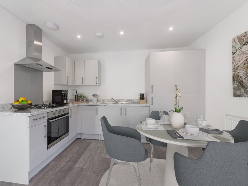 Image is a CGI representation of the kitchen - diner area in the actual Plot 22, One Bed Shared Ownership Apartment at Woodside Grove, Bagshot, from Legal & General Affordable Homes