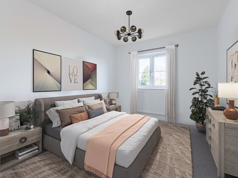 Image is a CGI representation of a bedroom in the actual Plot 24, Two Bed Shared Ownership Apartment at Woodside Grove, Bagshot, from Legal & General Affordable Homes