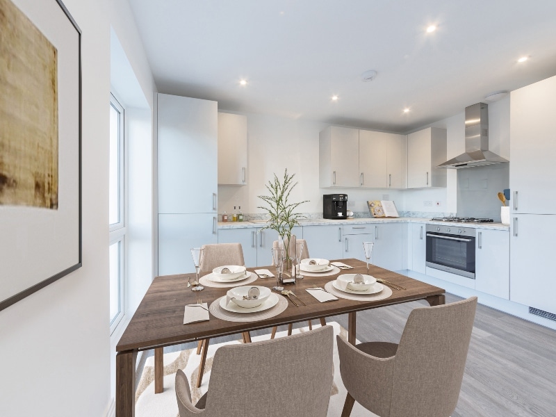 Image is a CGI representation of the kitchen - diner area in the actual Plot 24, Two Bed Shared Ownership Apartment at Woodside Grove, Bagshot, from Legal & General Affordable Homes