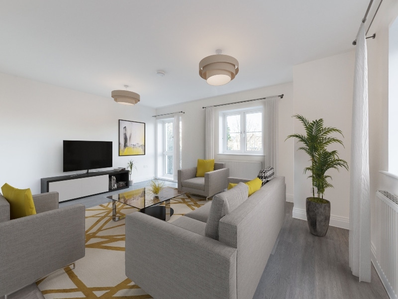 Image is a CGI representation of the lounge area in the actual Plot 24, Two Bed Shared Ownership Apartment at Woodside Grove, Bagshot, from Legal & General Affordable Homes