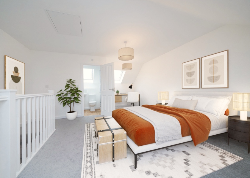 Interior image of a dressed CGI representation of a bedroom at The Junction