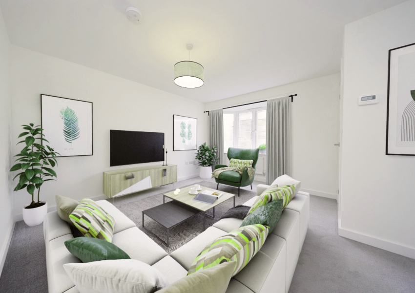 Interior image of a dressed CGI representation of a lounge in a 3 bedroom house at The Junction