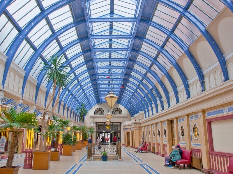 View down the Winter Gardens Shopping Mall in Blackpool, with its glass domed roof
