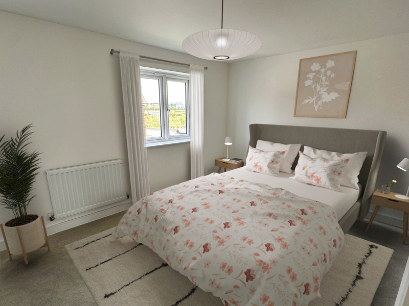 The bedroom image shown is a CGI dressed representation taken in the actual plot 57, Four bed House at Broadland Fields