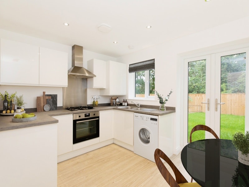 Image is a CGI representation of a kitchen interior of a two bed house at Sandpiper Grange, a collection of new 2 & 3 bedroom Shared Ownership houses in Cottam, Lancashire from Legal & General Affordable Homes.