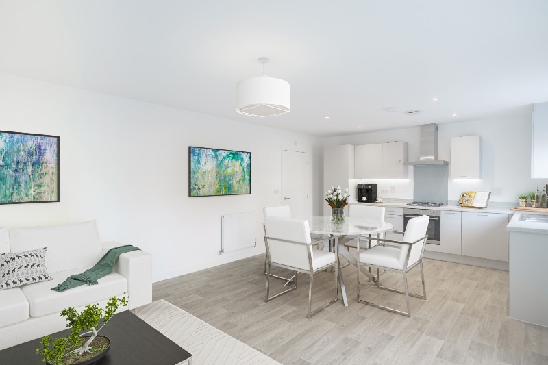 The kitchen - dining-area image is a CGI dressed representation taken at Plot 46, a Two Bedroom Shared Ownership Apartment at Icknield Way, Tring, from Legal & General Affordable Homes