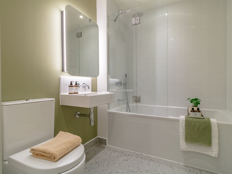 Interior photo of the Show 2 Bed Apartment Plot 21-SO-00-04, main bathroom at East River Wharf in Newham, London