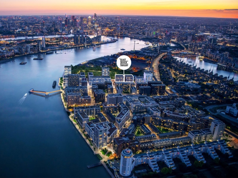 Aerial CGI representation of the East River Wharf development area, Newham, London