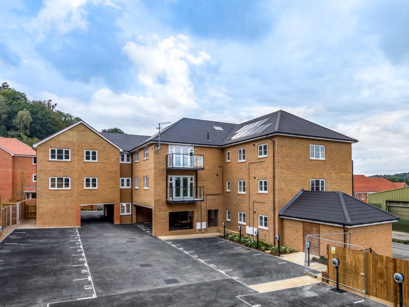 Exterior rear view of the Pennicott Place Shared Ownership Apartments, Godalming, from Legal general Affordable Homes