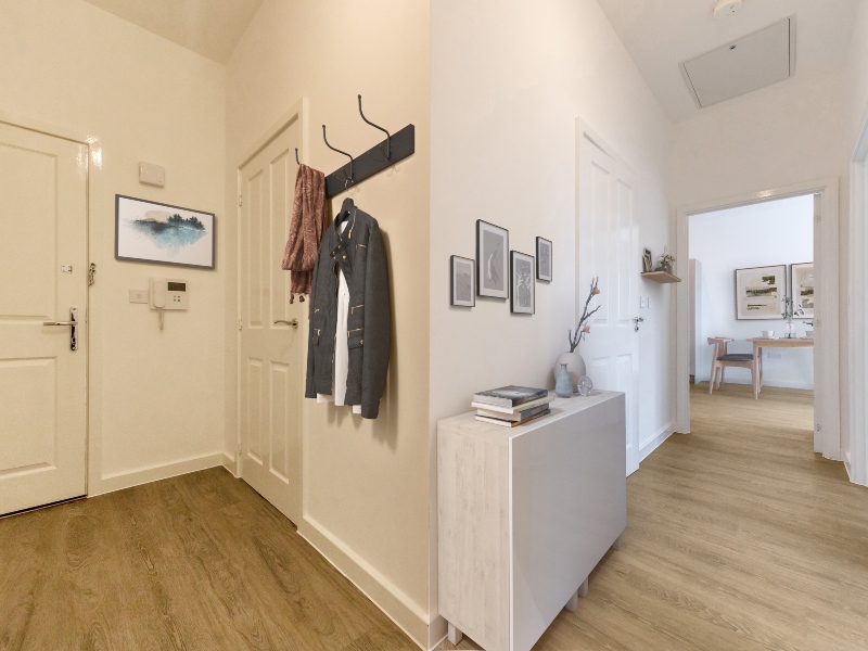 Photo of the hallway image shown is a CGI dressed representation taken in the actual plot 90, Two Bed Apartment at Pennicott Place, Godalming