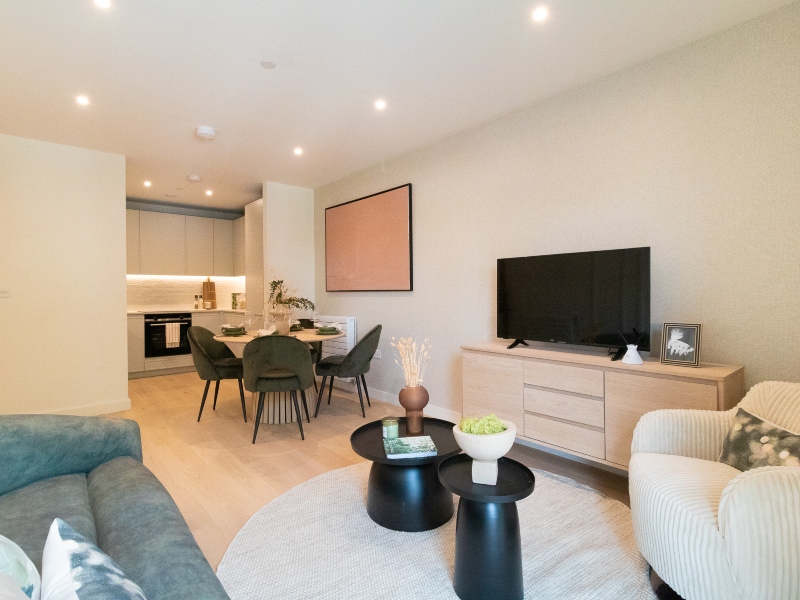 photo of the loungs and kitchen area in the 2 bed show apartment at East River Wharf, Newham