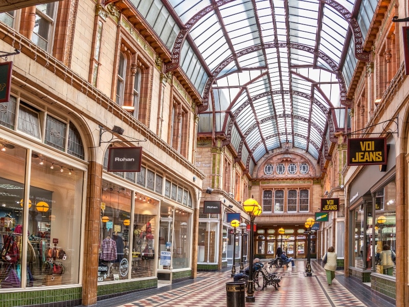 Photo inside the Miller Arcade shops in Preston, with arched glass roof