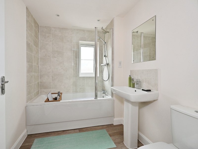 The bathroom photo is a CGI dressed representation taken in an actual Three Bedroom House at Rogerson Gardens, Goosnargh