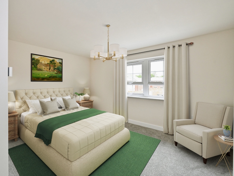 The bedroom photo is a CGI dressed representation taken in an actual Three Bedroom House at Rogerson Gardens, Goosnargh