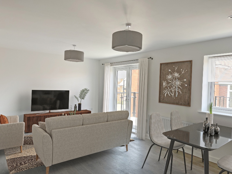 Photo of the lounge image shown is a CGI dressed representation taken in the actual plot 87, Two Bed Apartment at Pennicott Place, Godalming