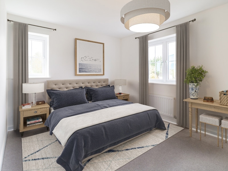 The photo of the bedroom is a CGI dressed interior taken in an actual Three bedroom House at The Havens