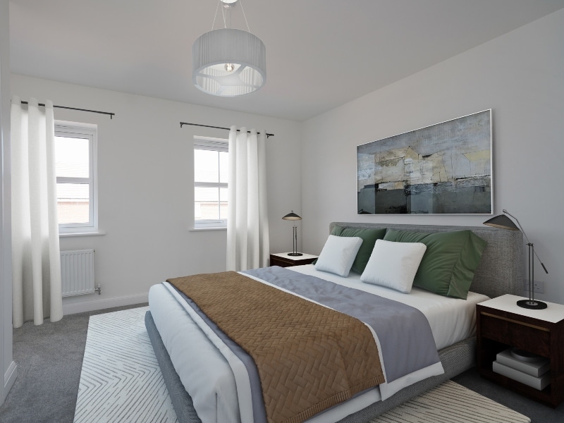 CGI dressed representation of a bedroom in an actual two bedroom house at Lucas Place, Birmingham