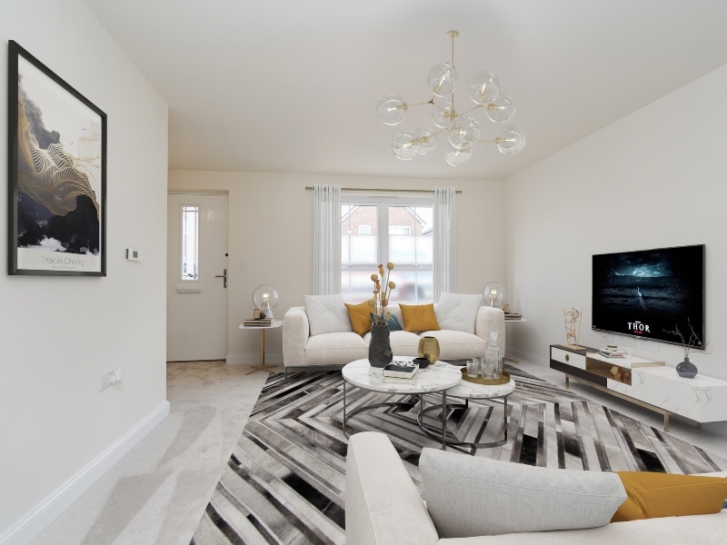 CGI dressed representation of a lounge area in an actual Three bedroom house at Lucas Place, Birmingham