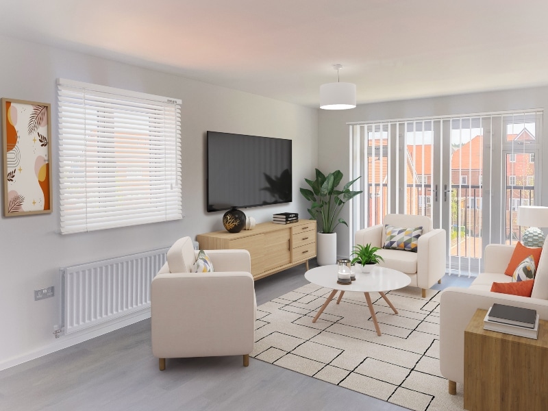 Image is a CGI representation of a lounge style representative of the style at Wykin Meadows, Shared Ownership Homes from Legal And General Affordable Homes