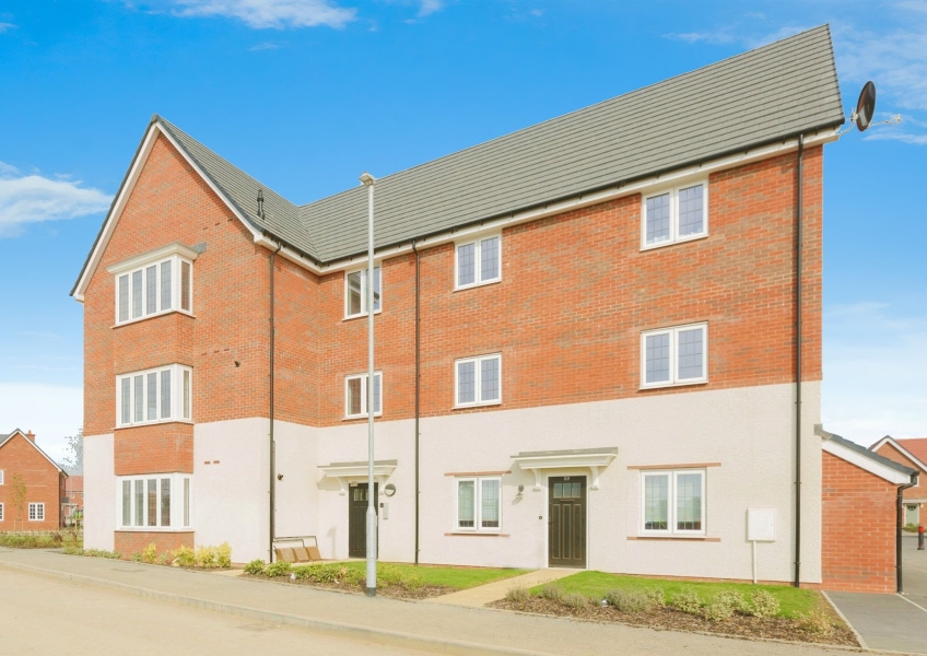 Exterior photo showing the front and entrance of the block of one bedroom apartments at Wykin Meadow, Hickley