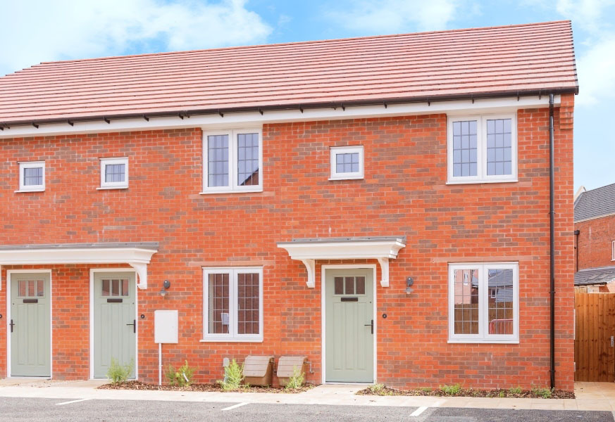 Front view of the exterior of a row of two bedroom Shared Ownership houses at Wykin Meadows