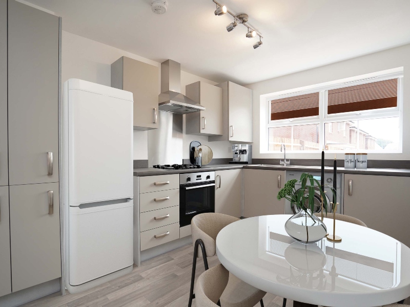 Photo of a CGI dressed representation of a kitchen in an actual two bedroom house at Lucas Place, Birmingham