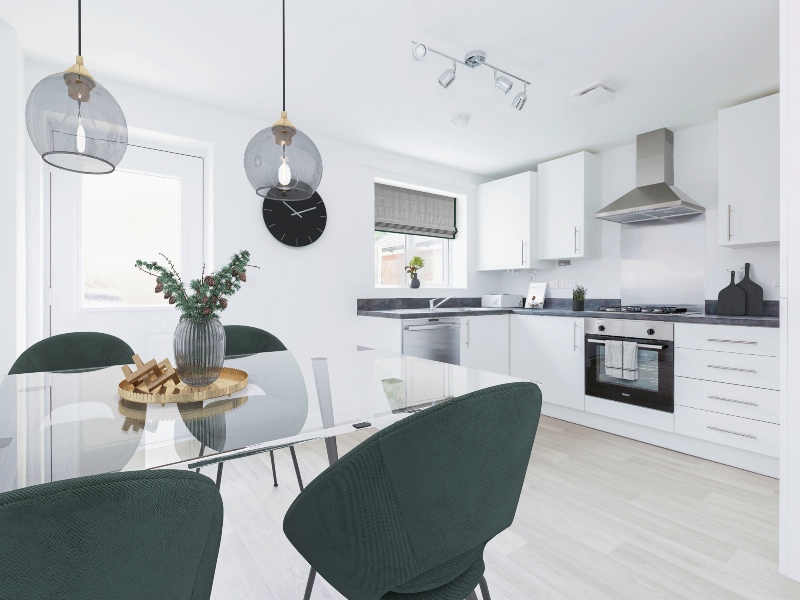 Image is a CGI representation of a kitchen taken in an actual 2 bedroom house at Wykin Meadows, Shared Ownership Homes from Legal And General Affordable Homes