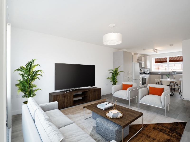 CGI dressed representation of a lounge in an actual two bedroom house at Lucas Place, Birmingham