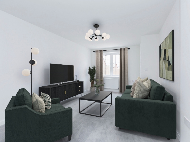 Image is a CGI representation of a lounge with chairs, table and TV taken in an actual 2 bedroom house at Wykin Meadows, Shared Ownership Homes from Legal And General Affordable Homes