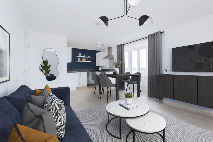 Image is a CGI representation of a kitchen/ lounge area taken in an actual 1 bedroom apartment at Wykin Meadows, Shared Ownership Homes from Legal And General Affordable Homes