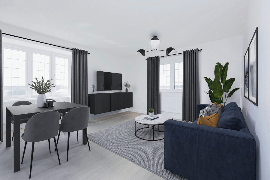 Image is a CGI representation of a lounge area taken in an actual 1 bedroom apartment at Wykin Meadows, Shared Ownership Homes from Legal And General Affordable Homes