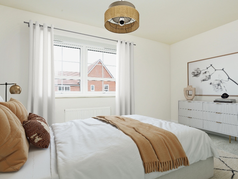 The bedroom image shown is a CGI dressed representation, taken in an actual 3 bed house at Kirby Green