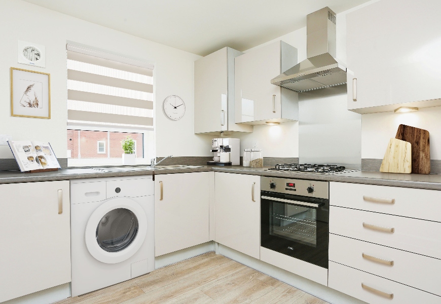 The kitchen image shown is a CGI dressed representation, taken in an actual 3 bed house at Kirby Green
